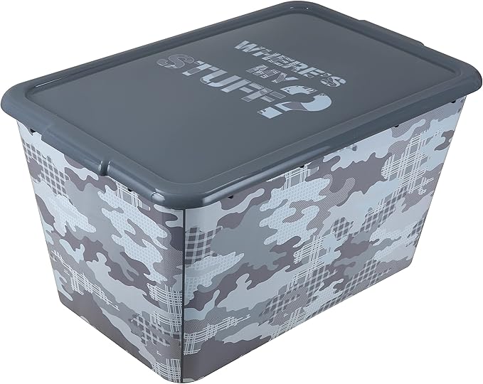 4 Packs 58 QT Plastic Storage Bins with Grey Camoflauge Print Lids, Stackable Storage Container, Large Storage Box for Organizing Garage, Closet, Kitchen, Made in the USA