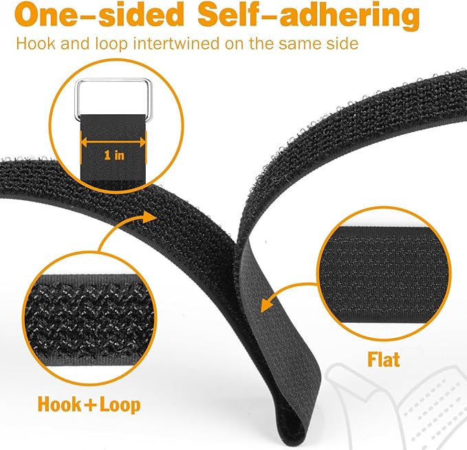 1" x40ft Hook and Loop Straps with 20 Metal Buckles, Adjustable Fastening Cinch Straps, Cut to Length Cable Straps, Reusable Nylon Straps 1 Inch Wide for Organizer or Storage, Black