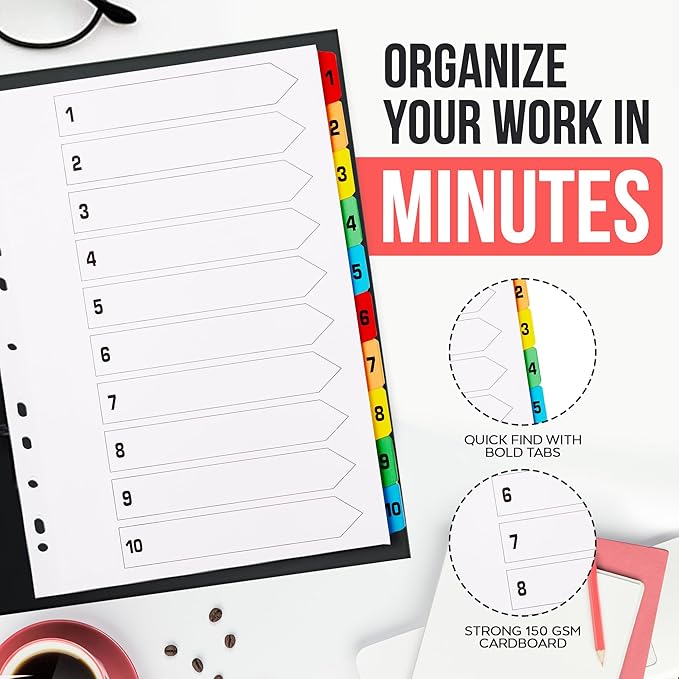 [10 Pack] A4 Binder Dividers with Tabs | 1-10 Numbered Dividers for 3 Ring Binder | Durable 3 Ring Binder Dividers with Tabs for Office, School & Home