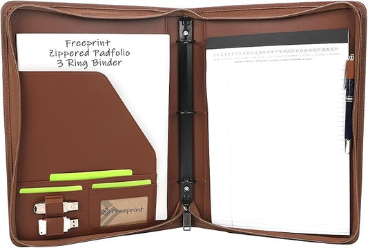 Zippered Portfolio 3 Ring Binder Organizer with Writing Pad Legal Size Letter - PU Leather Padfolio Document Organizer for Interview Business，Brown