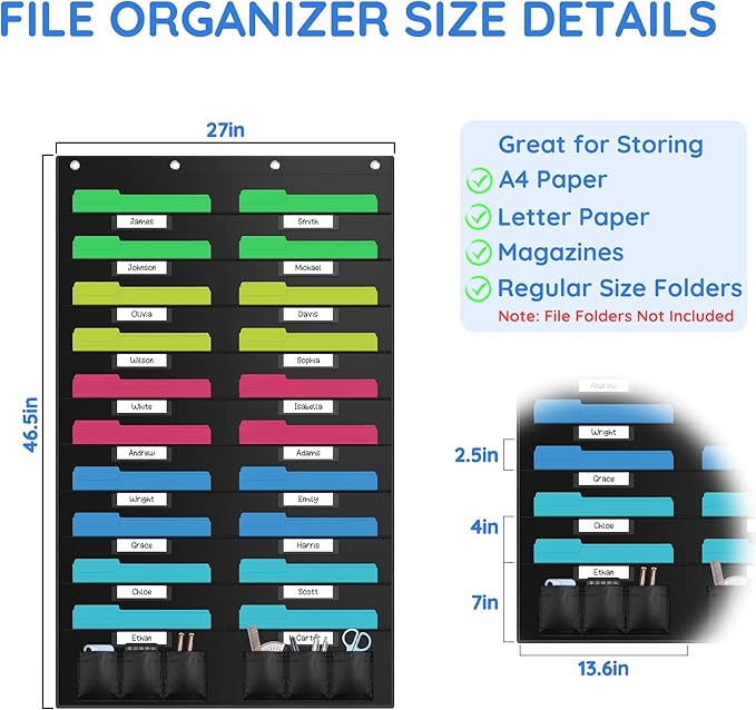 ZKOO 20 Pockets Hanging Wall File Organizer for A4 Size Paper/Legal/ Letter Size Document, Sturdy Wall Mail Organizer Black Pocket Great for Classroom, Office, Home Use with 4 Hangers 6 Pen Pocket