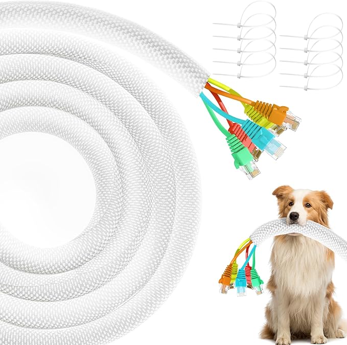 Cat Dog Cord Protectors from Pets No Chew 12ft - 1/2inch，Rabbits Cable Sleeves Cord Management Puppy Proof Covers, Wire Loom Critter Cord Charger Protector Heavy Duty Split Sleeve Automotive Tv，White