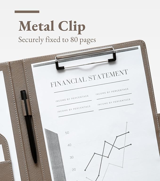 Zreal Padfolio Portfolio for Women and Men, Faux Leather Clipboard Folder with Document Organizer, Business Card & Pen Holder, Fits A4 Letter Size Legal pad for Work, Office & Conference (Taupe)