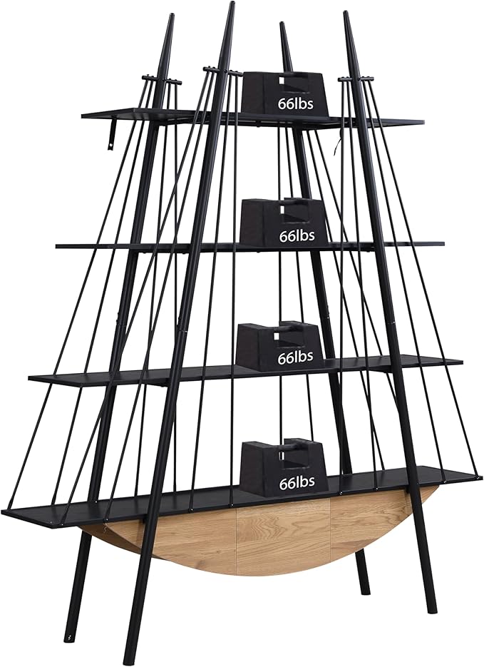 4 Tier Modern Boat-Shaped Bookshelf with Drawer, Black & Natural, 84.3" Tall Vertical Ladder Shelf for Storage Display Decoration, Sturdy MDF & Metal Industrial Frame, for Bedroom, Office