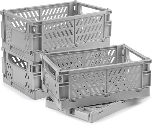 4 Pcs Collapsible Storage Crates, 10x5.9x4 inches Space-Saving Folding Containers, Stackable Plastic Boxes for Home Kitchen Office Bedroom Bathroom, Light Gray
