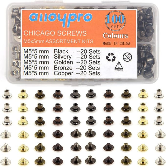 100 Sets Chicago Screws Assorted Kit 5 Color Leather Rivets Screw Rivets Flat Fillister Book Binding Posts Nail Rivet Chicago Bolts for DIY Leather Craft Black Silver Golden Bronze (Colours 5×5mm)