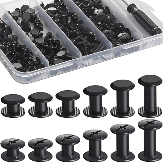 100Sets Black Chicago Screws Leather Rivets Kit for Fabric Leather Crafting Assorted 6 Sizes Chicago Binding Screws for Decorate and Repair Belt Bag Shoes Purse Pet Collar Clothing Bookbinding