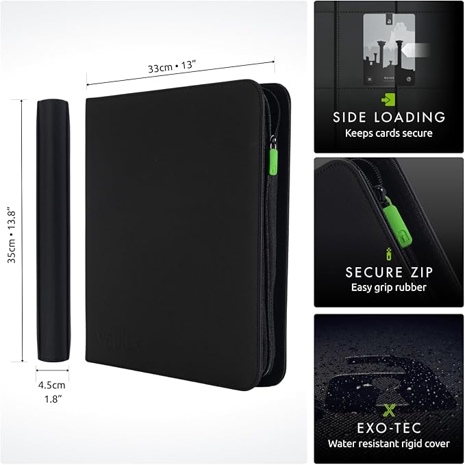 Vault X 12 Pocket Trading Card Zip Binder, 480 cards, Premium Exo-Tec Album Material, 20 Side-Loading Pages, Folder for Collectible Card Games, Sports, TCG (Black)