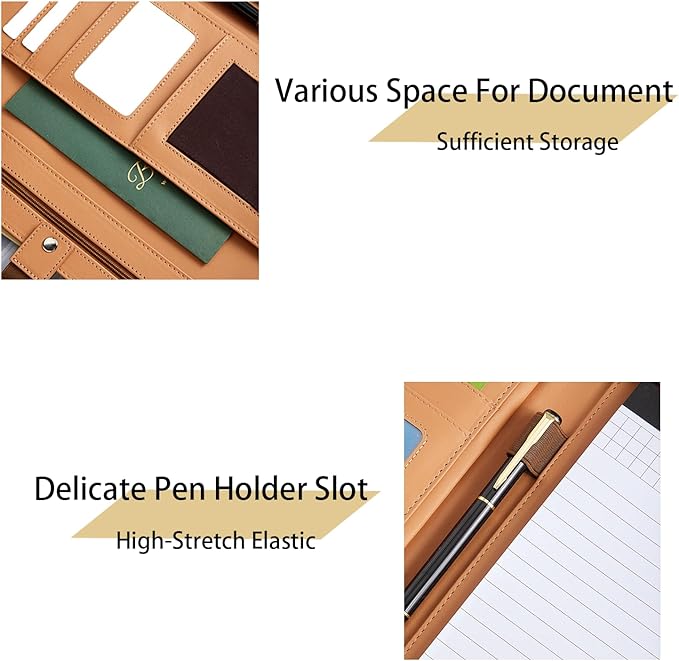 Zippered Padfolio with Hidden Handle and Clipboard, Leather Portfolio with Front Pocket, Business Padfolio Tablet/13” Laptop Organizer, Padfolio for Women/Men (Brown)