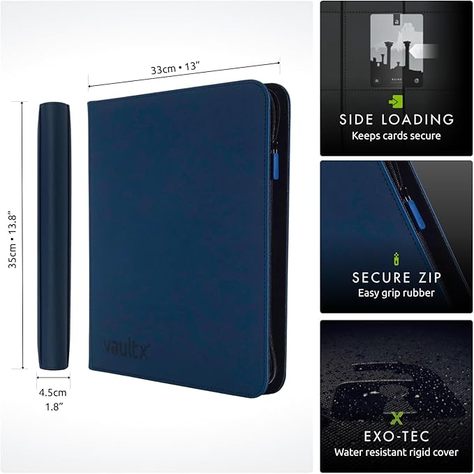 Vault X 12 XL Pocket Trading Card Zip Binder - 624 cards, Premium Exo-Tec Album Material, 26 Side-Loading Pages, Folder for Collectible Card Games, Sports, TCG (Blue)