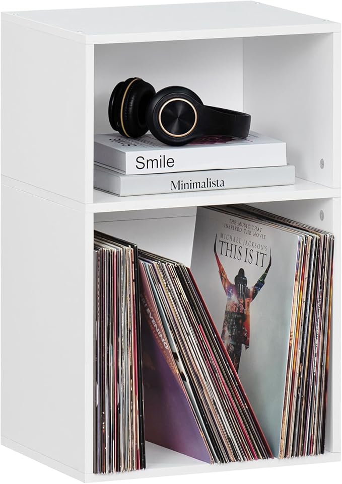YAHARBO 2 Cube Bookshelf, White Record Player Stand with Vinyl Storage Up to 100 Albums, Horizontal Low Book Shelf, Mini Bookcase with Storage Organizer, Small Turntable Stand for Living Room, Bedroom