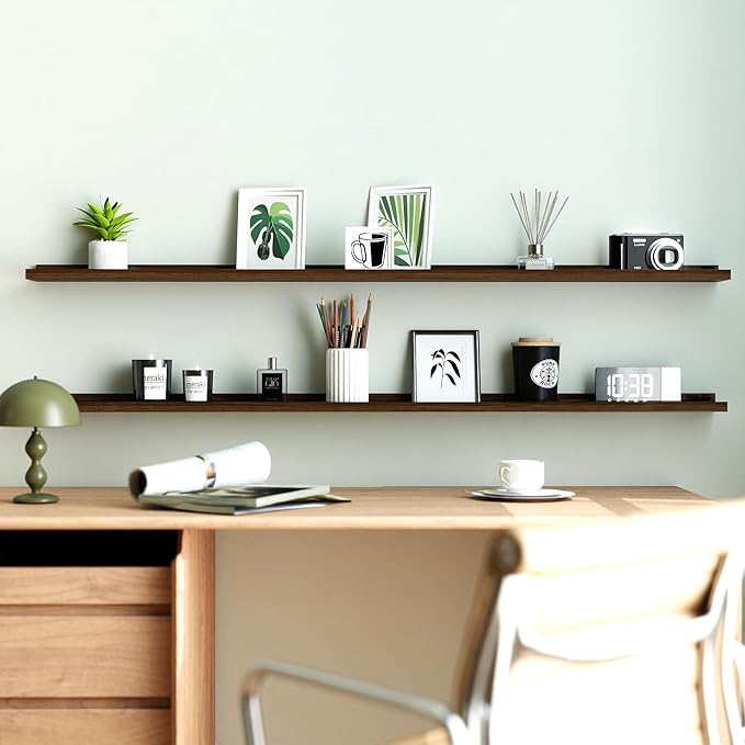 White Floating Shelves for Wall Decor, Long Wall Mounted Storage Shelf for Bedroom, Living Room, Bathroom, Kitchen, Nursery, Display Picture Ledge Shelf with Lip Set of 2-56 Inches, Walnut