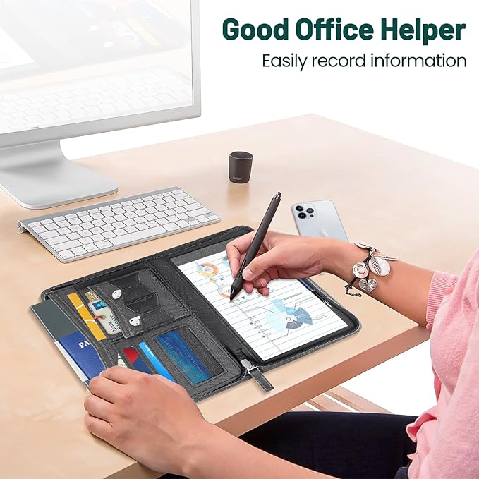 Zippered Portfolio Binder for Men & Women, Resume Portfolio Folder with 5.3" x 8 "Notepad, 9.6" x 7" Faux Leather Portfolio for Resume, Documents, Phone, Business Supplies and Cards (Black)