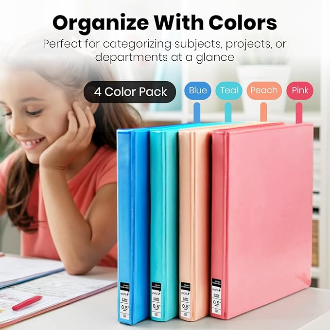 Yoobi .5 Inch Multicolor Binder & 8-Tab Divider Set, 4-Pack of 3-Ring Binders with 2 Pockets, 4-Pack of Binder Organizer Tabs w/Blank Sticky Labels, Perfect for School, Home or Office, 1/2 Inch
