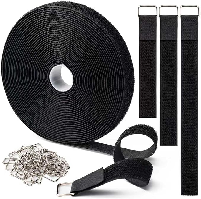 1" x32Ft Hook and Loop Straps Cinch Straps with 50 Metal Buckles, Adjustable Fastening Cable Straps, Free Cut Length, Reusable Nylon Cable Ties for Organizer or Storage, Black