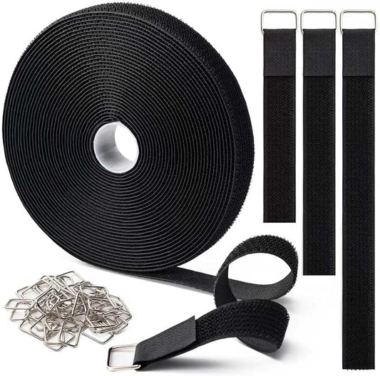 1" x32Ft Hook and Loop Straps Cinch Straps with 50 Metal Buckles, Adjustable Fastening Cable Straps, Free Cut Length, Reusable Nylon Cable Ties for Organizer or Storage, Black