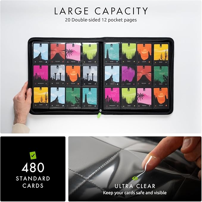 Vault X 12 Pocket Trading Card Zip Binder, 480 cards, Premium Exo-Tec Album Material, 20 Side-Loading Pages, Folder for Collectible Card Games, Sports, TCG (Black)