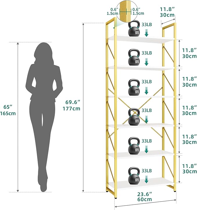 YITAHOME Tall Bookshelf 6 Tier Bookcase, Modern Gold Book Shelf, Open Display Storage Rack Shelves for Living Room/Bedroom/Home/Office/Kitchen, Holder Organizer for Books/Movies, White & Gold
