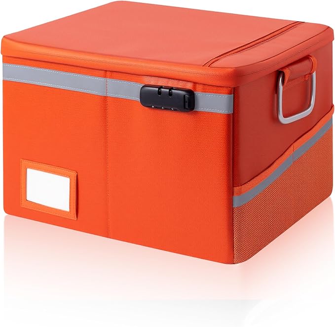 2000°F Fireproof & Waterproof Document Box with Lock, Collapsible Portable Organizer for Office Files, Safe Storage for Hanging Letter/Legal Folders (Orange, 14.2x110.6x4.1in)