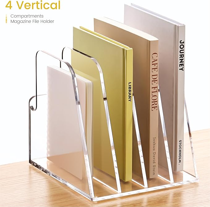 YUXUN Acrylic Magazine Holder,Clear Desk Organzier Workspace Organizers with 4 Vertical Compartments File Sorter for Magazine,Notebooks, Envelopes,Comic Coloring Book Storage(6.6 X 7.2 X 6.7 Inch)