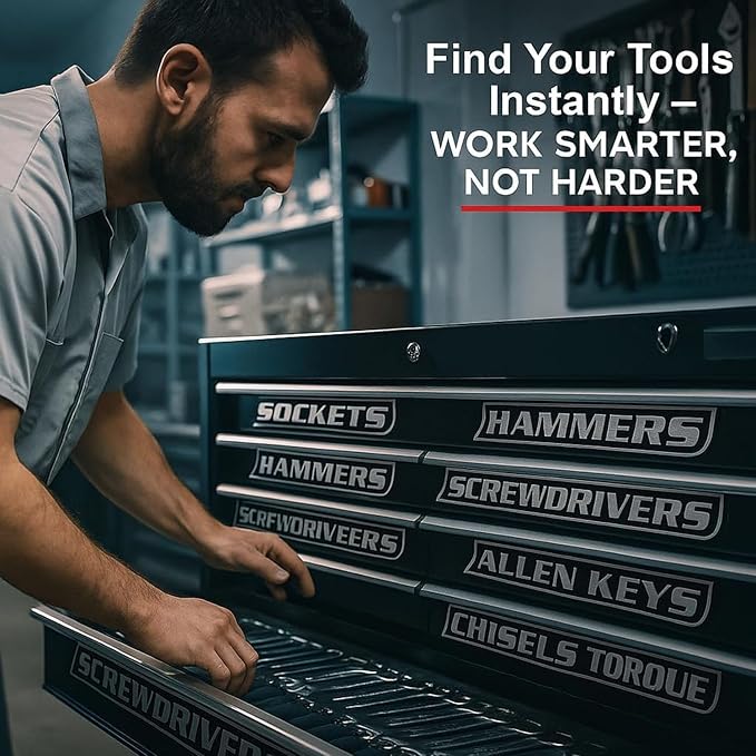 12 Pack of Magnetic Toolbox Labels, 3D-Printed Tool Box Labels, General Tool Box Organize Accessories, Reusable Tags for Steel Toolboxes, Carts, Drawers, and Cabinets (Black)