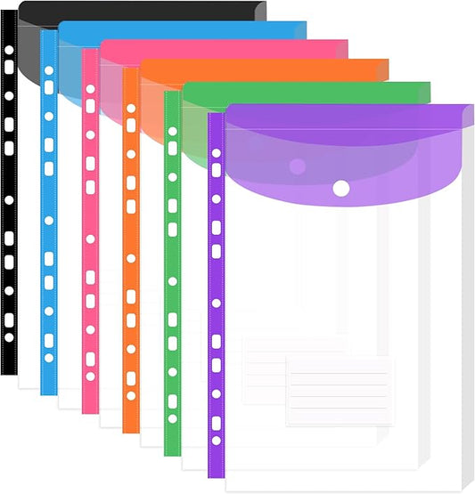 Y YOMA 6 Pack Plastic Binder Pocket with 11 Holes & Snap Button - Letter Size Top-Loading Expandable Extra Capacity Envelope for 2/3/4 Ring Binder, Matte Design