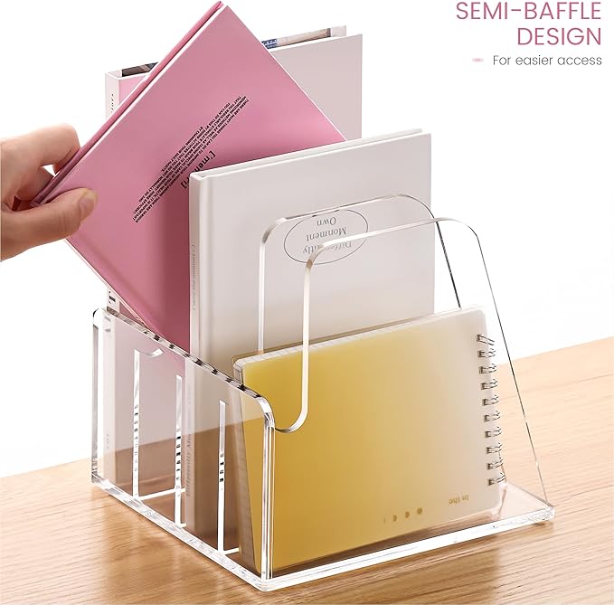 YUXUN Acrylic Magazine Holder,Clear Desk Organzier Workspace Organizers with 4 Vertical Compartments File Sorter for Magazine,Notebooks, Envelopes,Comic Coloring Book Storage(6.6 X 7.2 X 6.7 Inch)