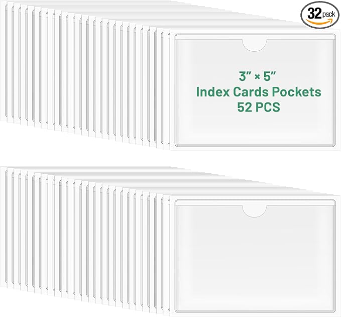 32 Pack Index Card Holder for 3x5 Inch Cards, Clear Adhesive Pockets, Plastic Tote Labels for Storage Bins, Classroom Organization Bins Box Drawer, 3.8 x 5.3 Inch