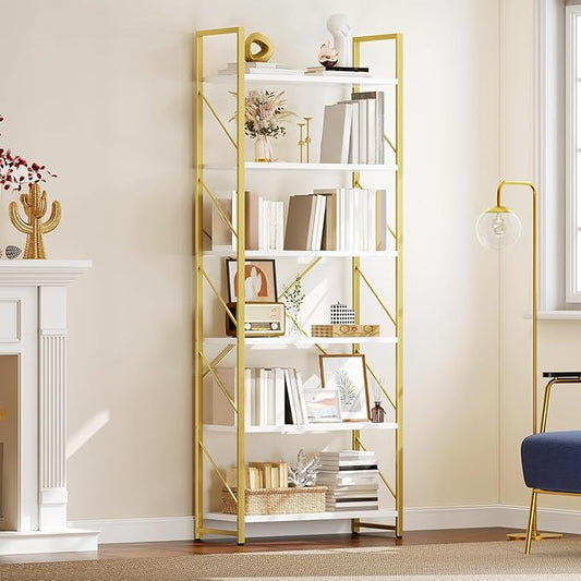 YITAHOME Tall Bookshelf 6 Tier Bookcase, Modern Gold Book Shelf, Open Display Storage Rack Shelves for Living Room/Bedroom/Home/Office/Kitchen, Holder Organizer for Books/Movies, White & Gold