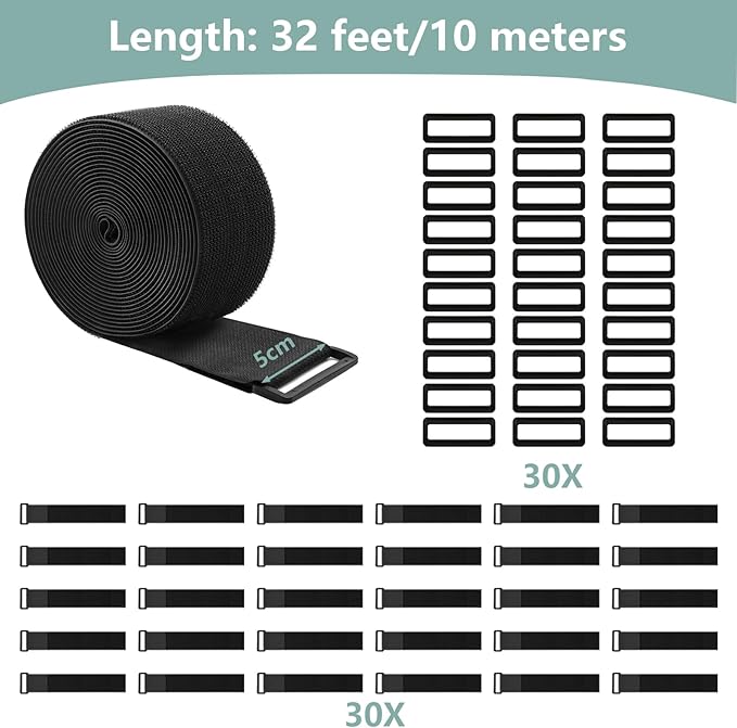 1.5In x 32Ft Cable Straps Heavy Duty With 40 Buckles, Black Hook and Loop Straps, Reusable Cable Ties for Organizer or Storage