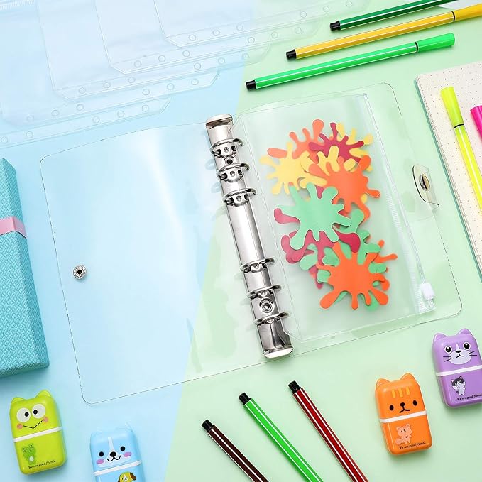 10 Pieces A6 Binder PVC Cover with 2 Pieces Clear PVC Zipper Binder Pockets, Waterproof 6-Ring Budget Binder Envelopes System Budget Planner Organizer for School Office
