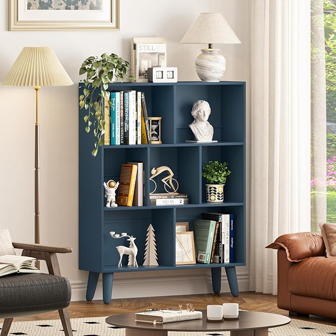 YAHARBO Blue Bookshelf,3 Tier Book Shelf with Legs, 7 Cube Minimalist Bookcase,Storage Organizer Shelves Display Bookcases for Bedroom,Living Room