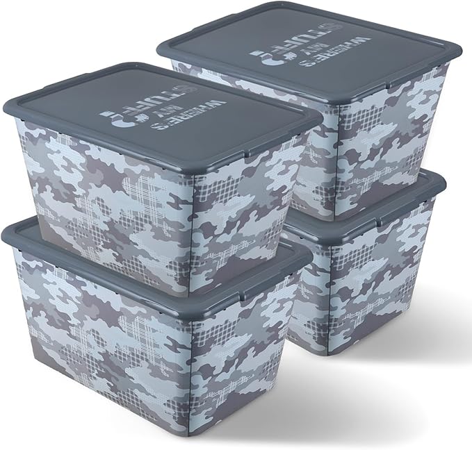 4 Packs 58 QT Plastic Storage Bins with Grey Camoflauge Print Lids, Stackable Storage Container, Large Storage Box for Organizing Garage, Closet, Kitchen, Made in the USA