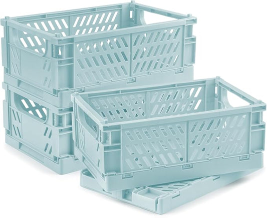 4 Pcs Collapsible Storage Crates, 10x5.9x4 inches Space-Saving Folding Containers, Stackable Plastic Boxes for Home Kitchen Office Bedroom Bathroom, Light Blue