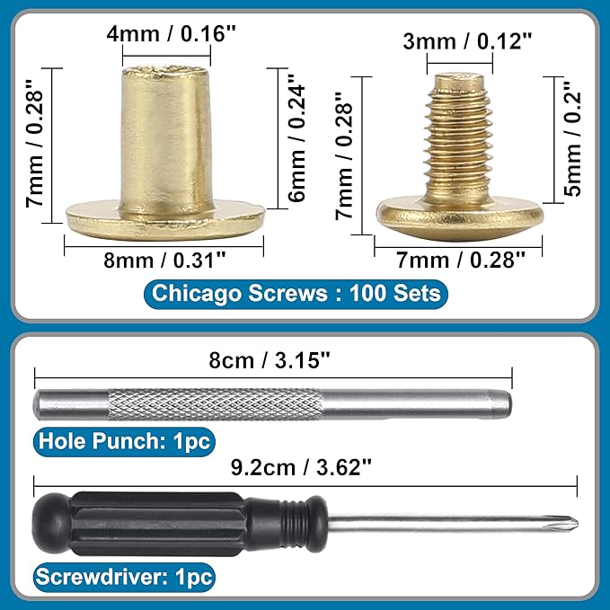 YORANYO 150 Sets 8MM Chicago Screws Leather Rivets for Fabric Chicago Binding Screws Buttons Metal Studs Rivets for Decorate and Repair Belts Bags Shoes Purse Dog Collar Leather Craft (Gold)