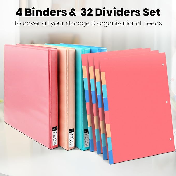 Yoobi .5 Inch Multicolor Binder & 8-Tab Divider Set, 4-Pack of 3-Ring Binders with 2 Pockets, 4-Pack of Binder Organizer Tabs w/Blank Sticky Labels, Perfect for School, Home or Office, 1/2 Inch