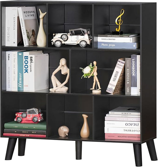YAHARBO 8 Cube Bookshelf,3 Tier Bookcase with Legs,Black Mid-Century Modern Bookshelves,Large Free Standing Open Storage Organizer Shelf,Tall Wooden Book Case Furniture for Bedroom,Living Room,Office