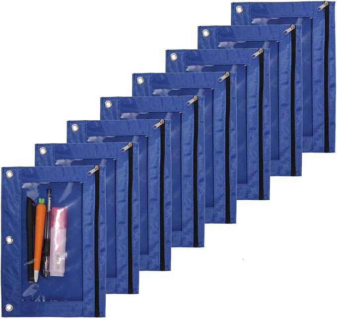 Zippered Binder Pen Pencil Pouch 3 Rings with Clear Window for School Classroom Organizers 8 Pcs (Blue)