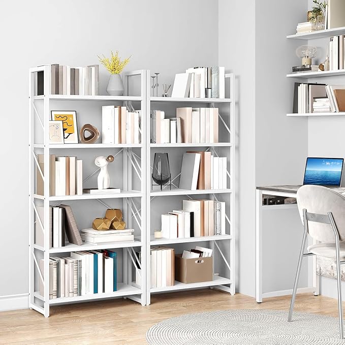 YITAHOME 5 Tiers Bookshelf, Modern White Bookcase, Book Holder Organizer, Display Storage Rack Standing Shelves for Bedroom Living Room/Home/Office, All White