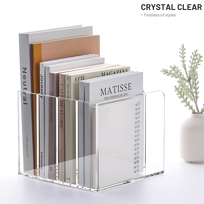 YUXUN Acrylic Magazine Holder,Clear Desk Organizer File Sorter for Notebook,Paper,Envelope,Magazine, Book Storage-Office/Home/Classroom Organization(4 Compartments,B5)