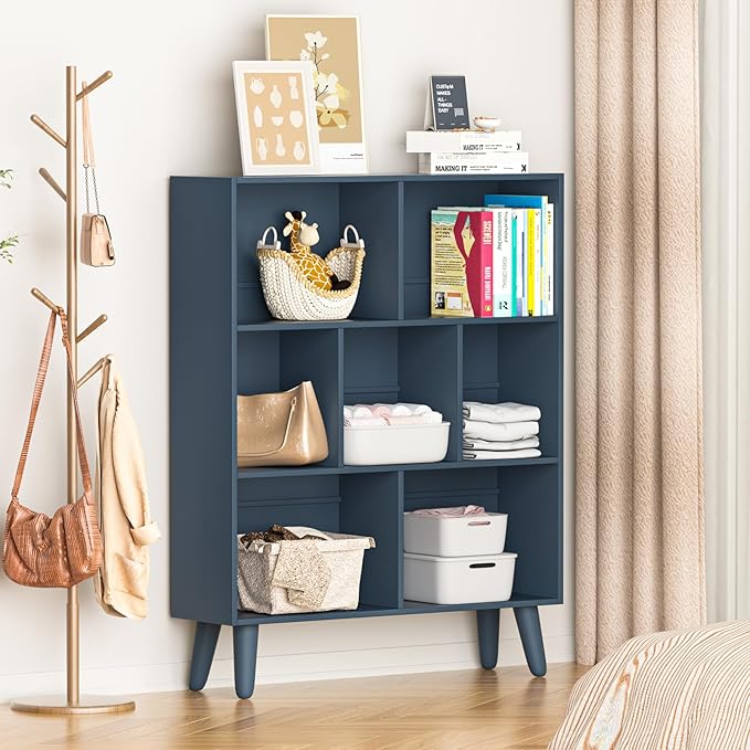 YAHARBO Blue Bookshelf,3 Tier Book Shelf with Legs, 7 Cube Minimalist Bookcase,Storage Organizer Shelves Display Bookcases for Bedroom,Living Room