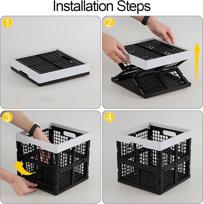 Xyskin 18 Litre Plastic Folding Utility Crates, Set of 3 Stackable Storage Milk Crates, Black