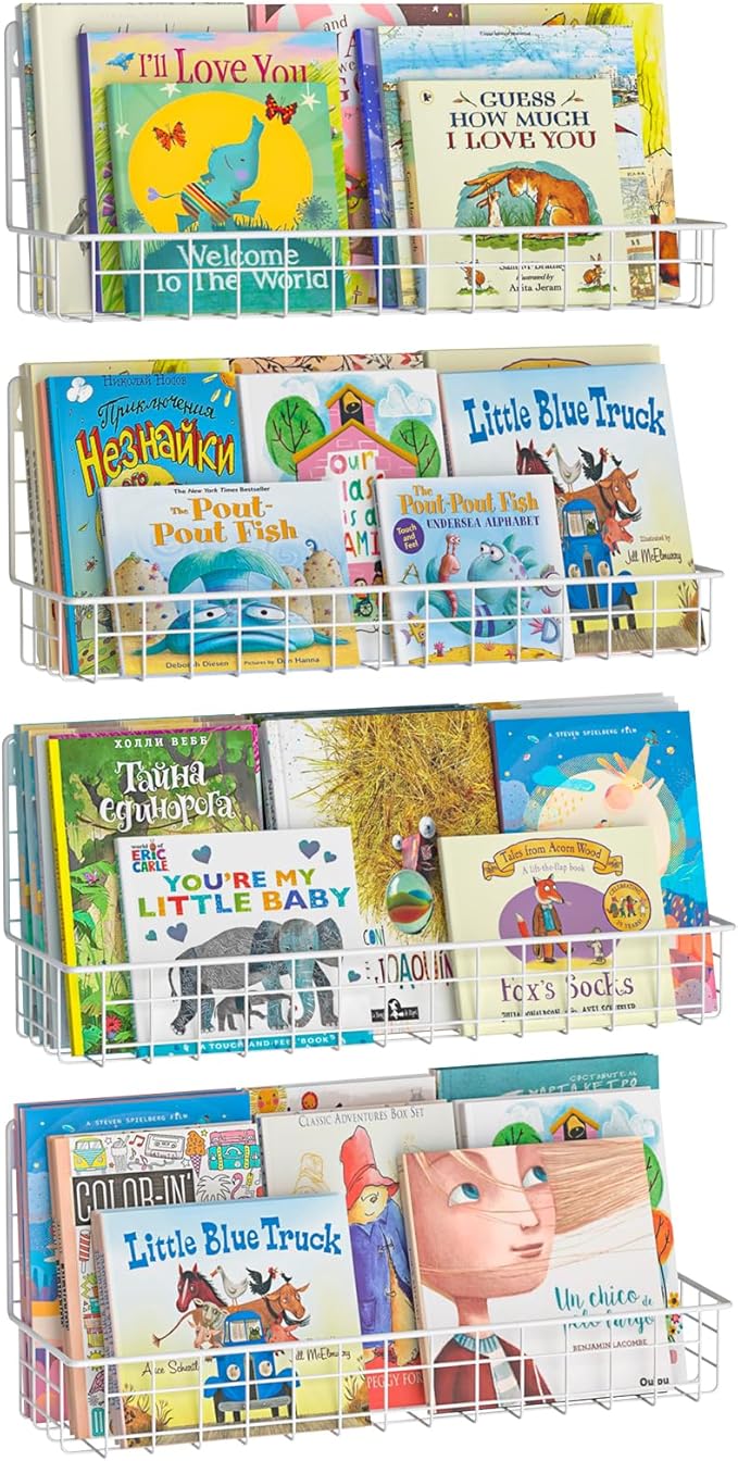 X-cosrack 4-Pack Wall Mounted Metal Kids Bookshelf, Floating Book Shelves for Kids Nursery Toddler Bedroom Classroom, Hanging Book Shelf Storage Organizer for Room Decor, White