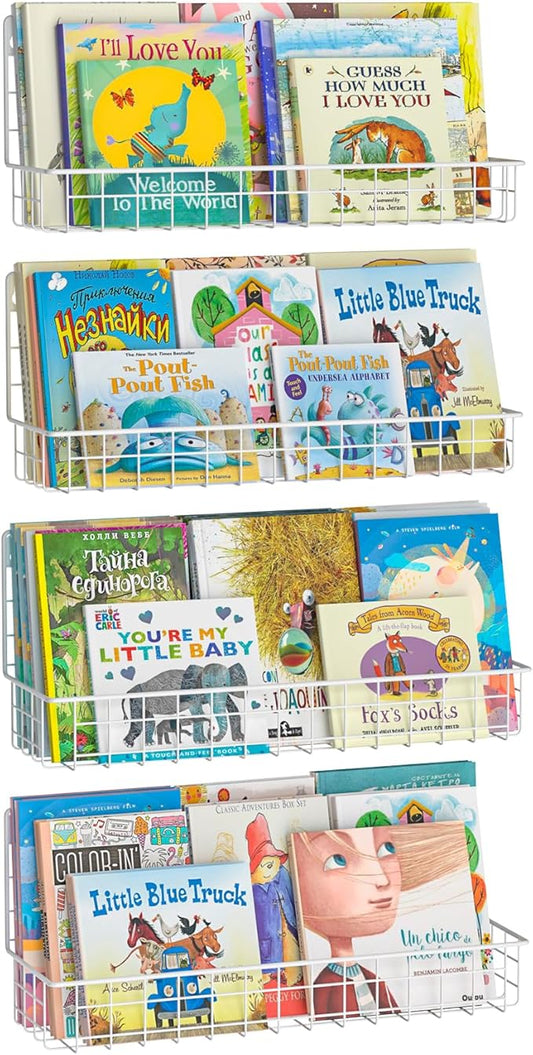 X-cosrack 4-Pack Wall Mounted Metal Kids Bookshelf, Floating Book Shelves for Kids Nursery Toddler Bedroom Classroom, Hanging Book Shelf Storage Organizer for Room Decor, White