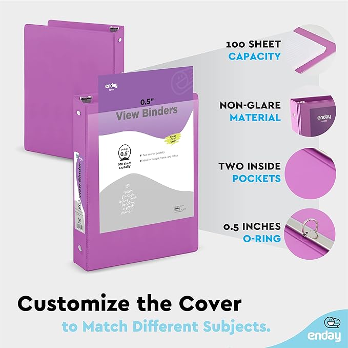 ½ Inch 3 Ring Binder .5 inch Purple Clear View Cover with 2 Inside Pockets, Colored School Supplies Office and Home Binders – by Enday
