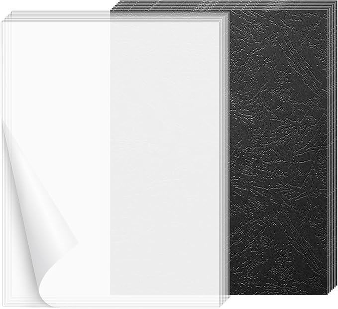 100 Pack Binding Covers and Backs Set, 8.5x11 Inches, Including 50 Pcs 5 Mil Clear PVC Binding Covers, 50 Pcs 12 Mil Black Paper Leather Textured Binding Covers, Letter Size