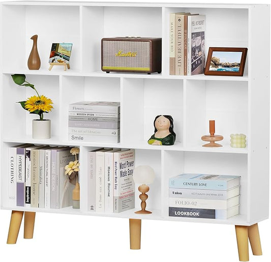 YAHARBO 10 Cube White Bookshelf,3 Tier Book Shelf with Legs,Modern Minimalist Bookcase,Open Book Shelves Storage Organizer,Frees Standing Wooden Display Bookcases for Small Space,Bedroom,Living Room