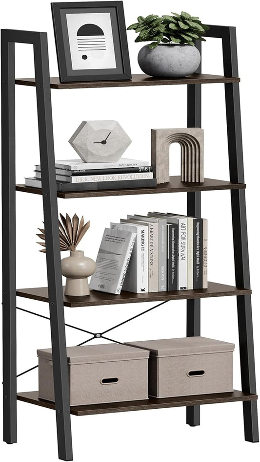 VASAGLE Ladder Shelf, 4-Tier Bookshelf, Storage Rack, Bookcase with Steel Frame, for Living Room, Home Office, Kitchen, Bedroom, Industrial Style, Hickory Brown and Ink Black ULLS44BF