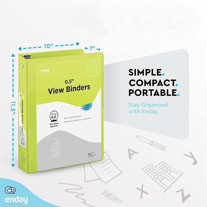 ½ Inch 3 Ring Binder .5 inch Green Clear View Cover with 2 Inside Pockets, Colored School Supplies Office and Home Binders – by Enday