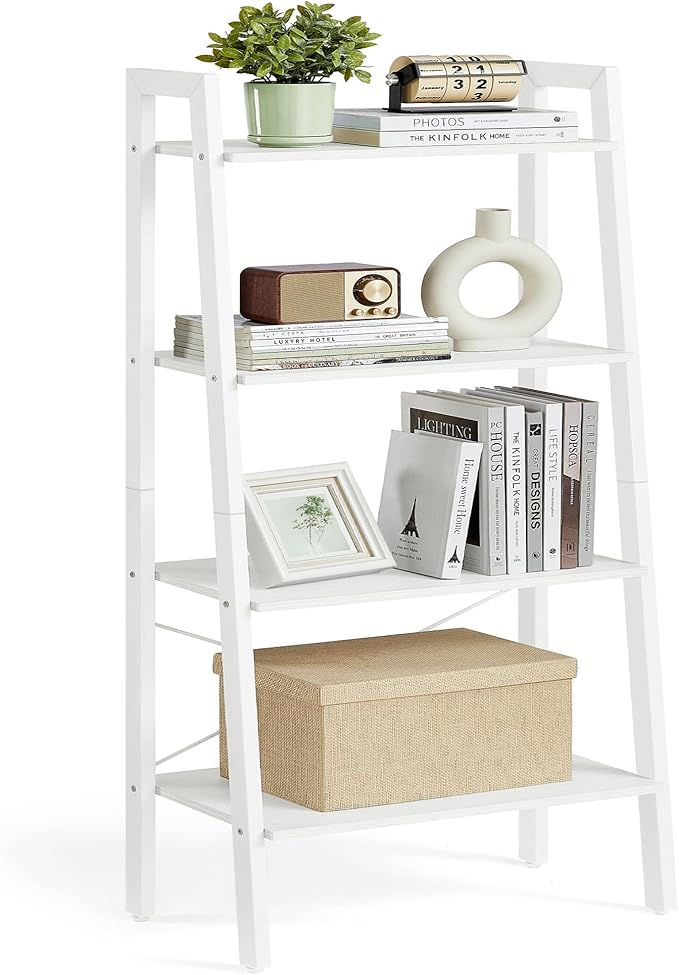 VASAGLE Ladder Shelf, 4-Tier Bookshelf, Storage Rack, Bookcase with Steel Frame, for Living Room, Home Office, Kitchen, Bedroom, Industrial Style, Maple White and Pearl White ULLS044W44